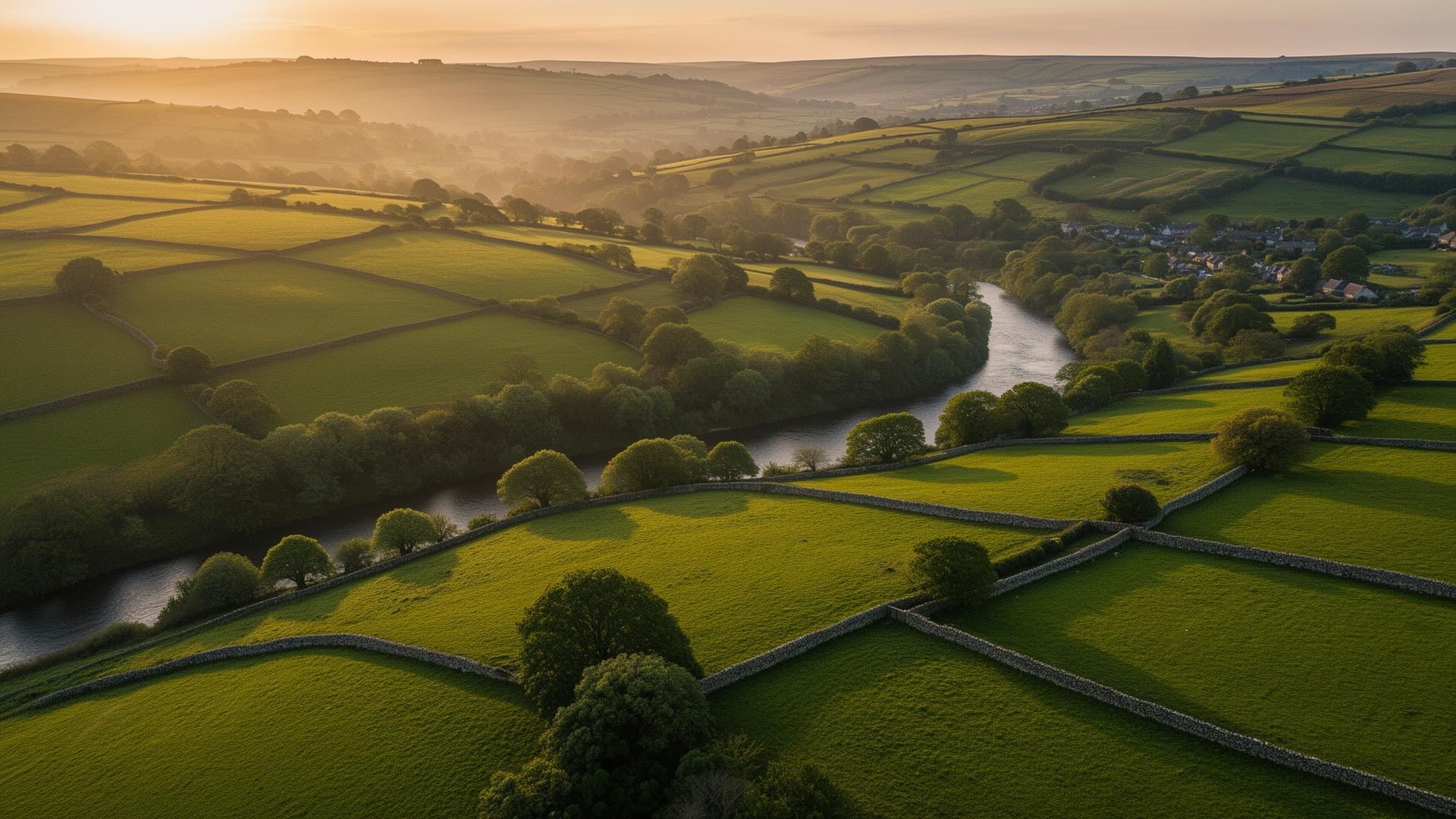 Aerial view of the Derbyshire countryside at golden hour